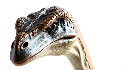 Fototapeta premium Close up of head of Gallimimus dinosaur on white background. Generative AI