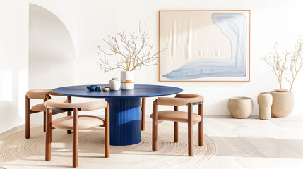 Dining table setting in modern interior with decorative design and stylish furniture elements showcasing contemporary elegance