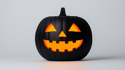 Spooky black pumpkin with glowing eyes and mouth on white background, perfect for halloween decorations, exuding a festive vibe with orange light. Sinister grin captures holiday essence