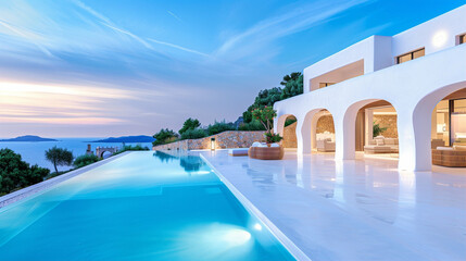 Fototapeta premium Modern villa with luxury swimming pool and stunning architecture overlooking the sea