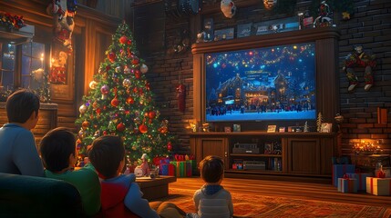 Cozy family gathering in a festive living room watching a holiday movie near a decorated Christmas tree