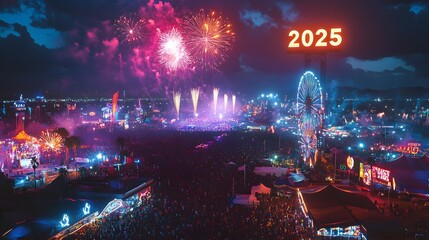 Fireworks illuminating a vibrant New Year festival with a Ferris wheel and a large crowd at night