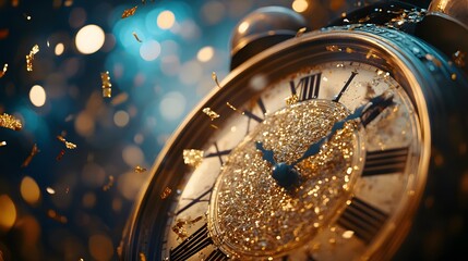 Close-up of a golden clock with confetti at midnight on New Year's Eve