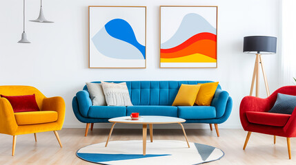 Furniture in modern living room with colorful interior design and artistic decor