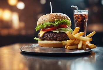Cheeseburger with fries and cold drink glass on isolate transparency background