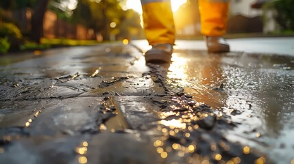 A person is walking on a wet sidewalk with a yellow and orange rain suit