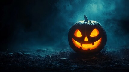A glowing Halloween pumpkin surrounded by mist, perfect for festive decorations and spooky themes.