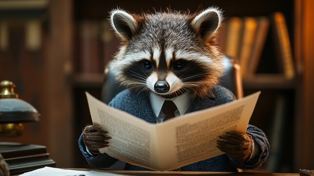 Legal Raccoon: An Anthropomorphic Lawyer Raccoon Reviewing Documents in Law Office Setting
