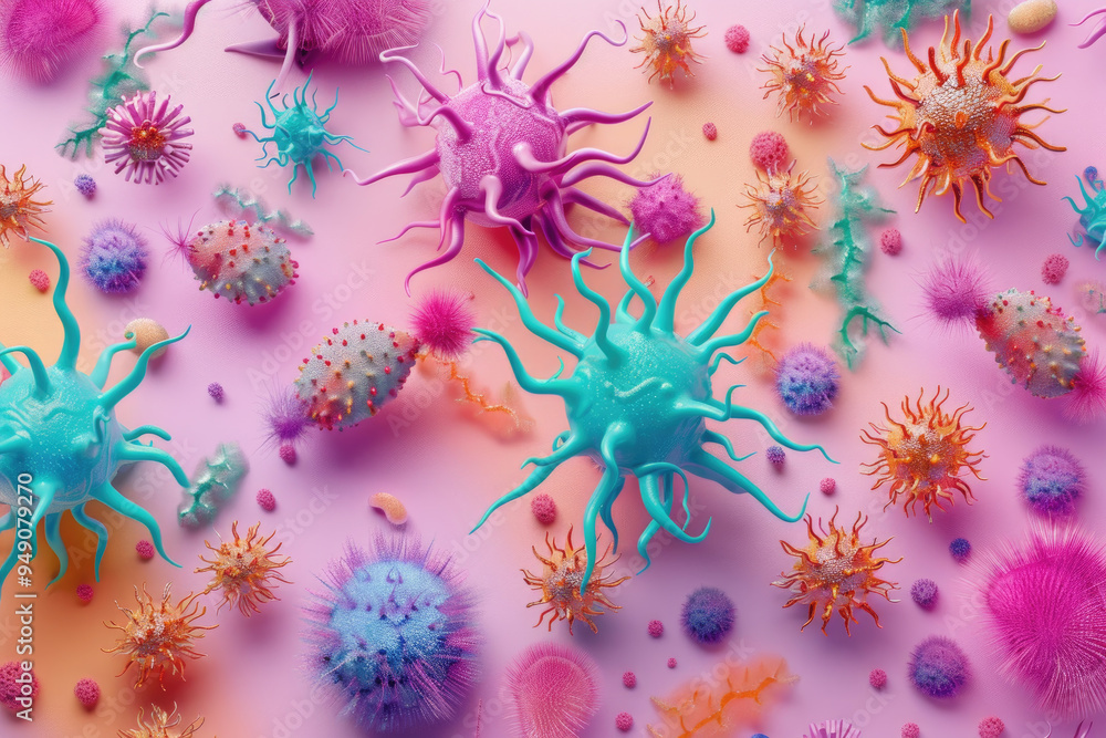 Aufkleber a colorful display of diverse microorganisms in various forms and shapes against a vibrant pink and 