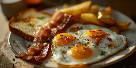 Organic Bacon with Sunny Side Up Eggs Crispy Hashbrowns and Toast