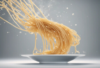 Floated Delicious spaghetti with sources falling into a plate isolate on transparency background
