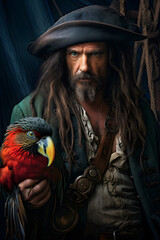 photo of a pirate with a parrot, parrot and pirate