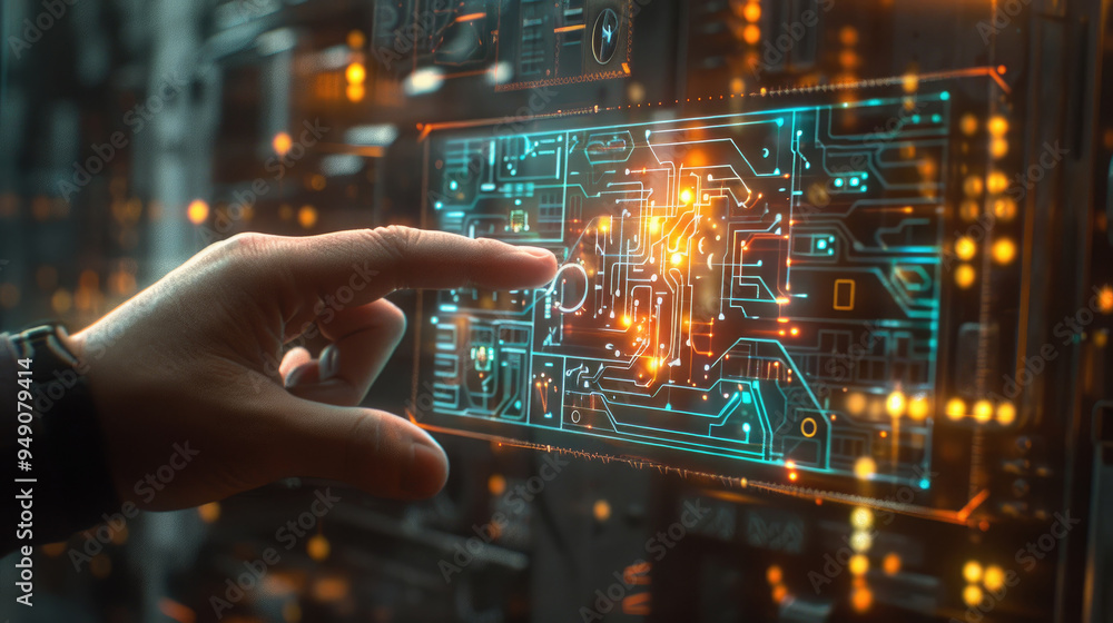 Poster a hand touches a luminous circuit board interface in a futuristic setting, highlighting the interact