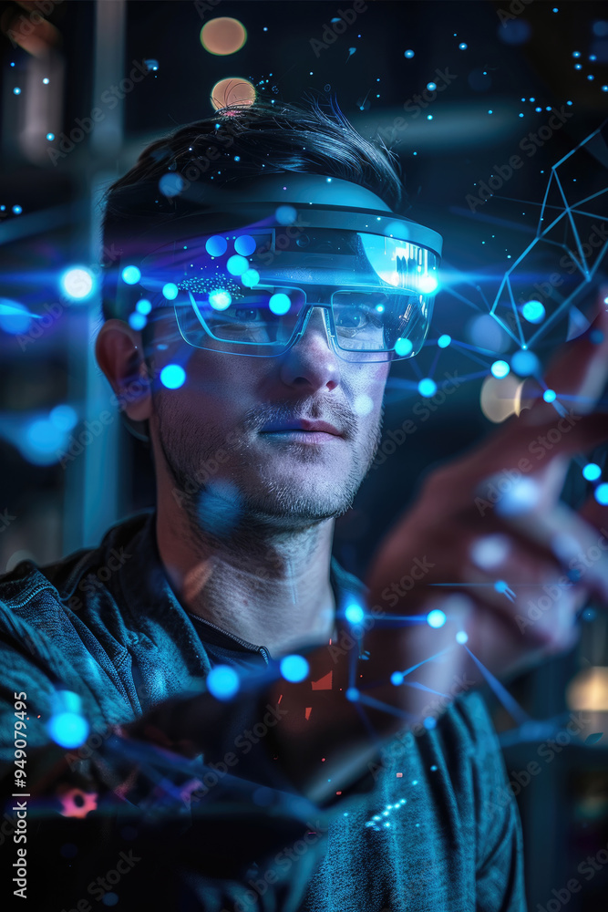 Poster a young man wearing augmented reality glasses engages with floating data visuals, exploring innovati