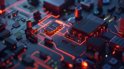 Complex red circuit board glowing with data transferring through components