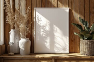 Poster Frame Mockup on Wooden Interior Background created with Generative AI