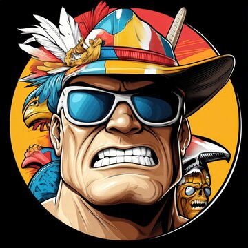 surfer dude  hat sunglasses tiki lion ninja sword fighter, in a circle frame game portrait, cartoon gaming or social media character, anime -like avatar profile icon logo. background vibrant pop 