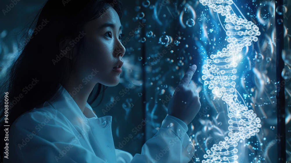 Poster a scientist examines intricate dna patterns, focusing on molecular structures in a dark laboratory i