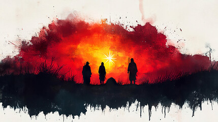 Obraz premium Three figures stand in silhouette against a fiery red sunset, a bright star shining above them as they contemplate their journey and the uncertain future that awaits. Generated with AI.