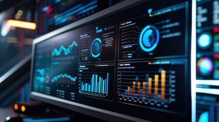 Computer screen showing financial data with graphs and charts displaying market analysis