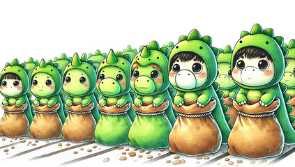chubby baby dinosaurs in green costumes lined up at the starting line.