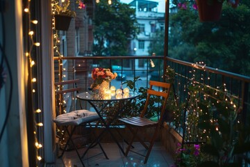Romantic small balcony with fairy lights, a small bistro set, and a flowering plant arrangement