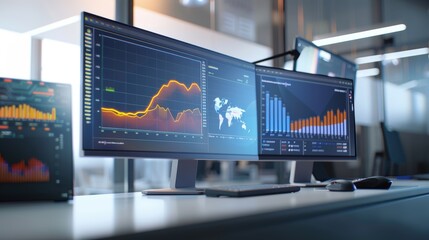 Modern workplace showing analytics dashboard on multiple computer screens displaying charts and business data