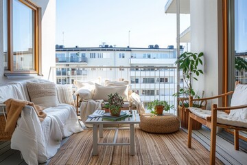 Obraz premium Scandinavian-inspired small balcony with white furniture, clean lines, and natural wood accents 