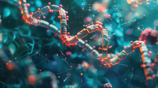The structure illustrates a vibrant DNA double helix with molecular features, highlighting biological complexities in a scientific setting