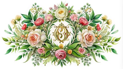 Intricately designed, ornate monogram crest adorned with lush greenery and vibrant flowers, set against a soft, white background, evoking elegance and sophistication.