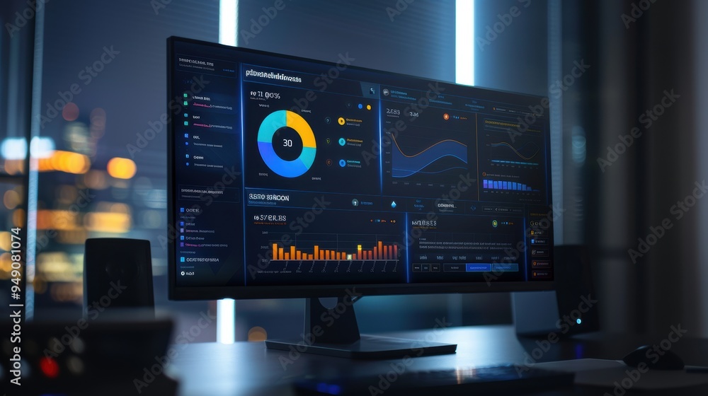 Poster modern computer showing graphs and statistics on screen is standing on a desk in an office at night