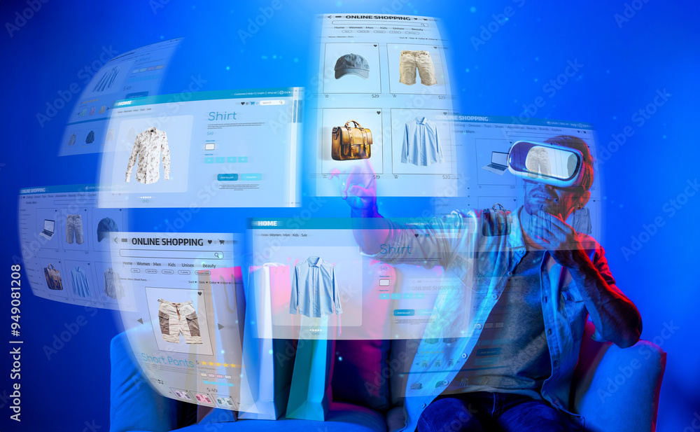 Aufkleber caucasian man choosing and selecting product for shopping list while wearing visual reality goggles.