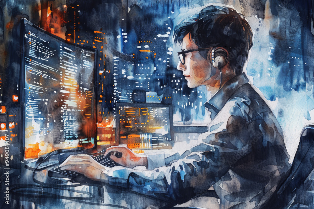 Poster the young man focuses on coding at his computer, illuminated by the glow of screens and city lights 