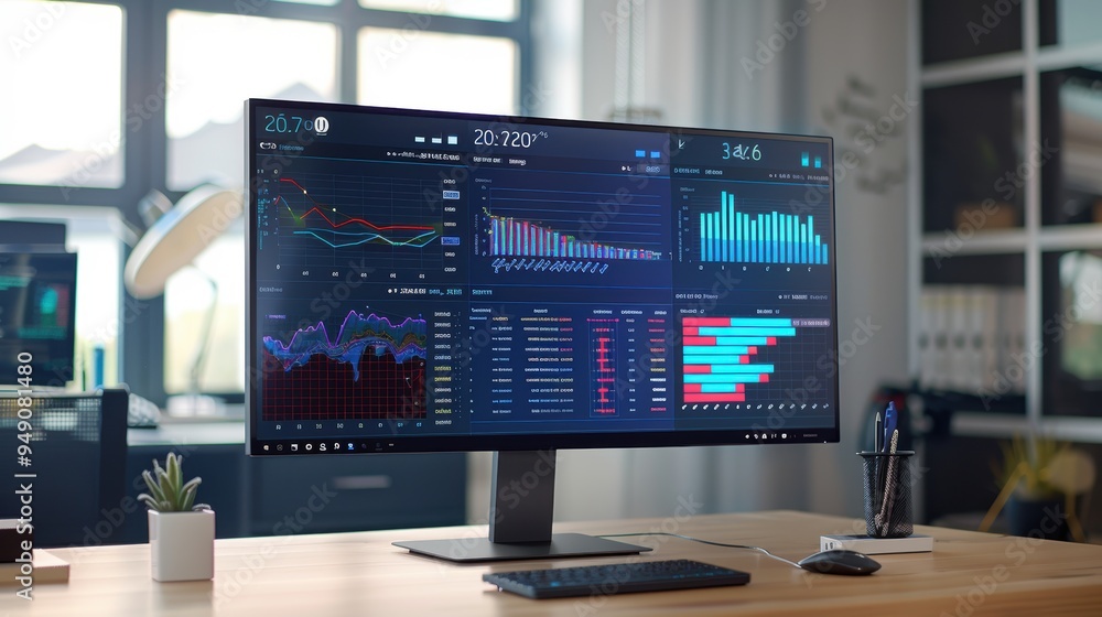 Aufkleber computer monitor showing statistical charts on a desk in the office