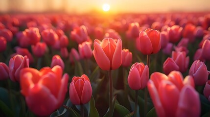 A field of red tulips with the sun in the background