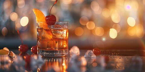 Classic Old Fashioned Cocktail with Orange Peel and Cherry Garnish