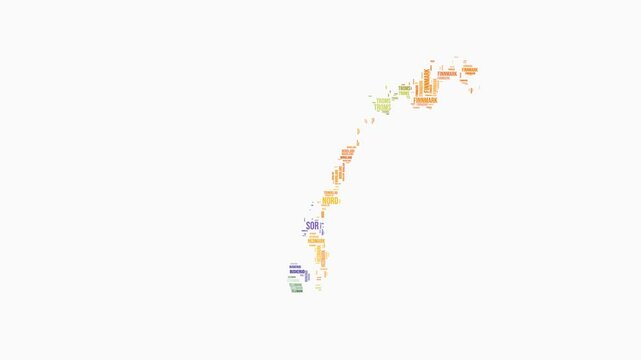 Norway regions word cloud animation. Country logo animated video. Norway colored text cloud. Regions typography style motion graphics. Creative video.