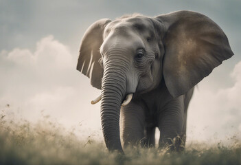 Fototapeta premium Side-view cute young elephant trunk upwards on transparency background