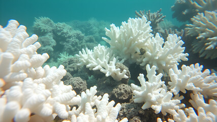 Close up of white bleached coral reef caused by change in ocean temperature. Generative AI