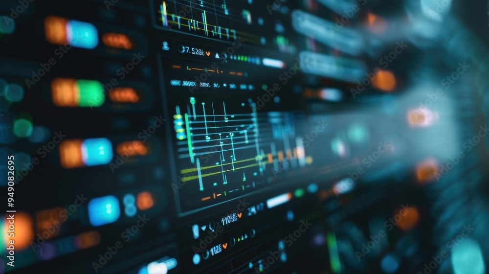 Poster computer screen showing real time stocks market data visualisation