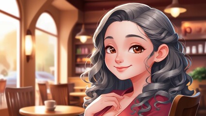 Smiling Woman with Long Hair at a Cafe