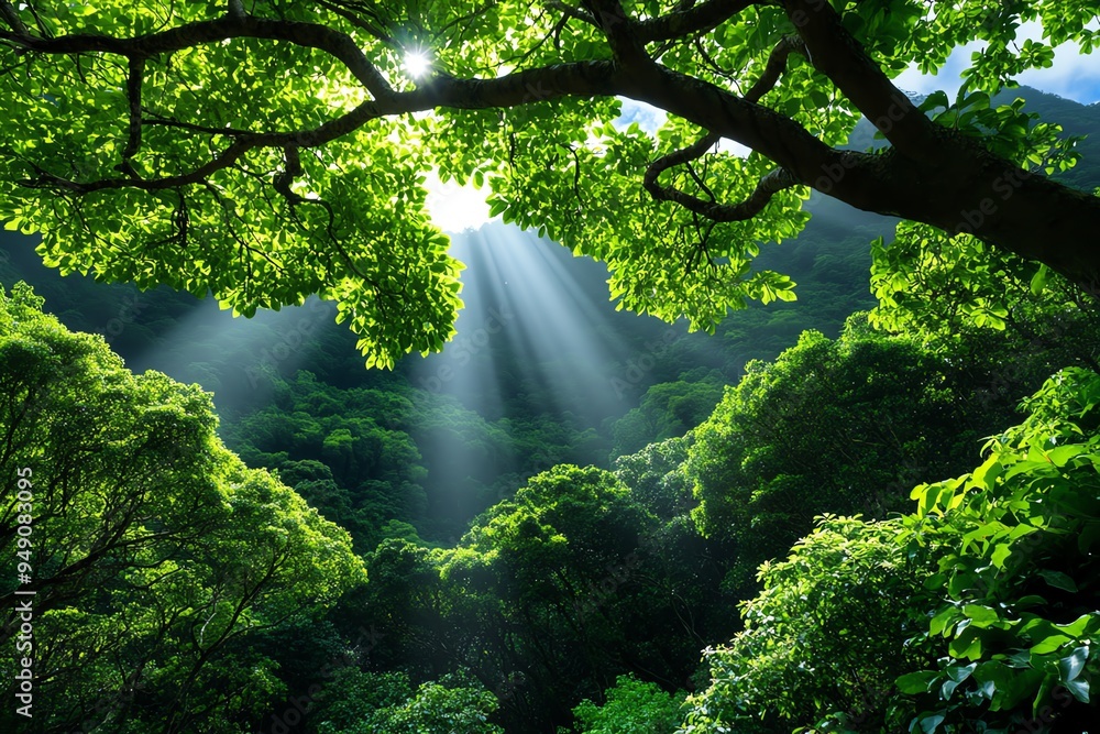Aufkleber Hunting Forest with dense trees and soft mist, captured in a photo where shafts of light break through the canopy, creating an eerie, tranquil atmosphere