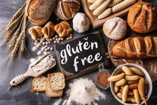 Variety of gluten-free bread and flour on a rustic table. - Powered by Adobe