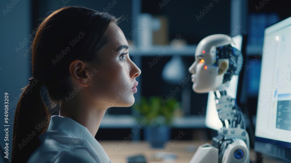 Poster female engineer working late observing ai robot head with exposed processors