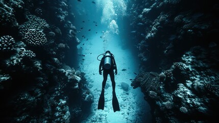 Fototapeta premium Scuba Diver Exploring Underwater Canyon