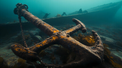 Naklejka premium A large rusty anchor rests near the remains of a sunken shipwreck on the ocean floor