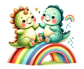 Obraz premium baby dinosaurs, a Brachiosaurus and an Ankylosaurus, sliding down the rainbow together.