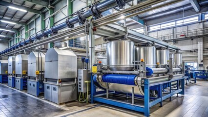 Naklejka premium Large industrial machine used for dyeing and treating fabric, with metal drums, pipes, and control panels, in a modern manufacturing facility setting.