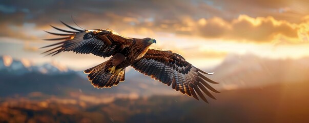 Naklejka premium Photorealistic bird in flight, eagle soaring above a mountain range, detailed feathers, highresolution, vibrant colors, lifelike textures