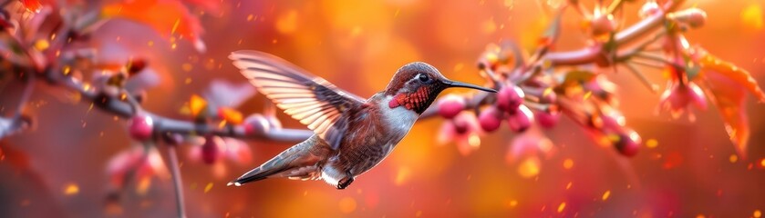 Obraz premium Photorealistic bird in flight, hummingbird hovering near a flower, intricate wing motion, highresolution, rich colors, lifelike details